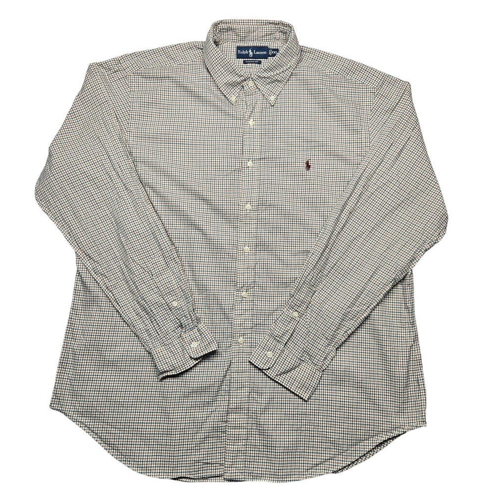 Ralph Lauren Shirt Mens 2XL Beige Blue Plaid Classic Fit Button Down Long Sleeve